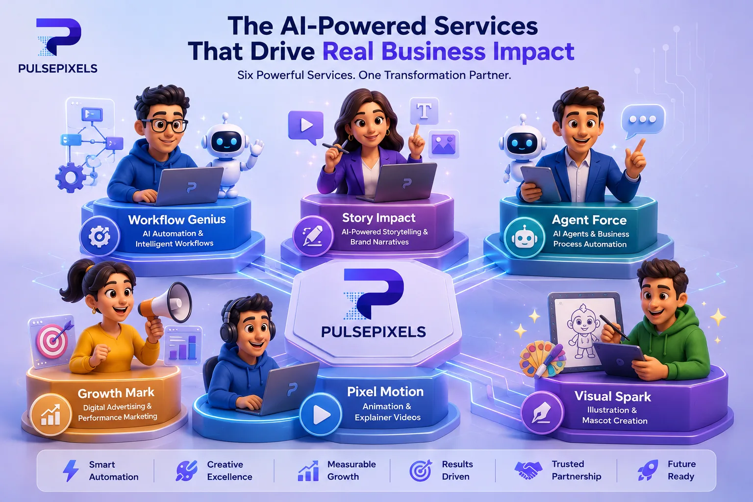PulsePixels AI-powered services shown as connected platforms for automation, storytelling, agents, marketing, animation and illustration
