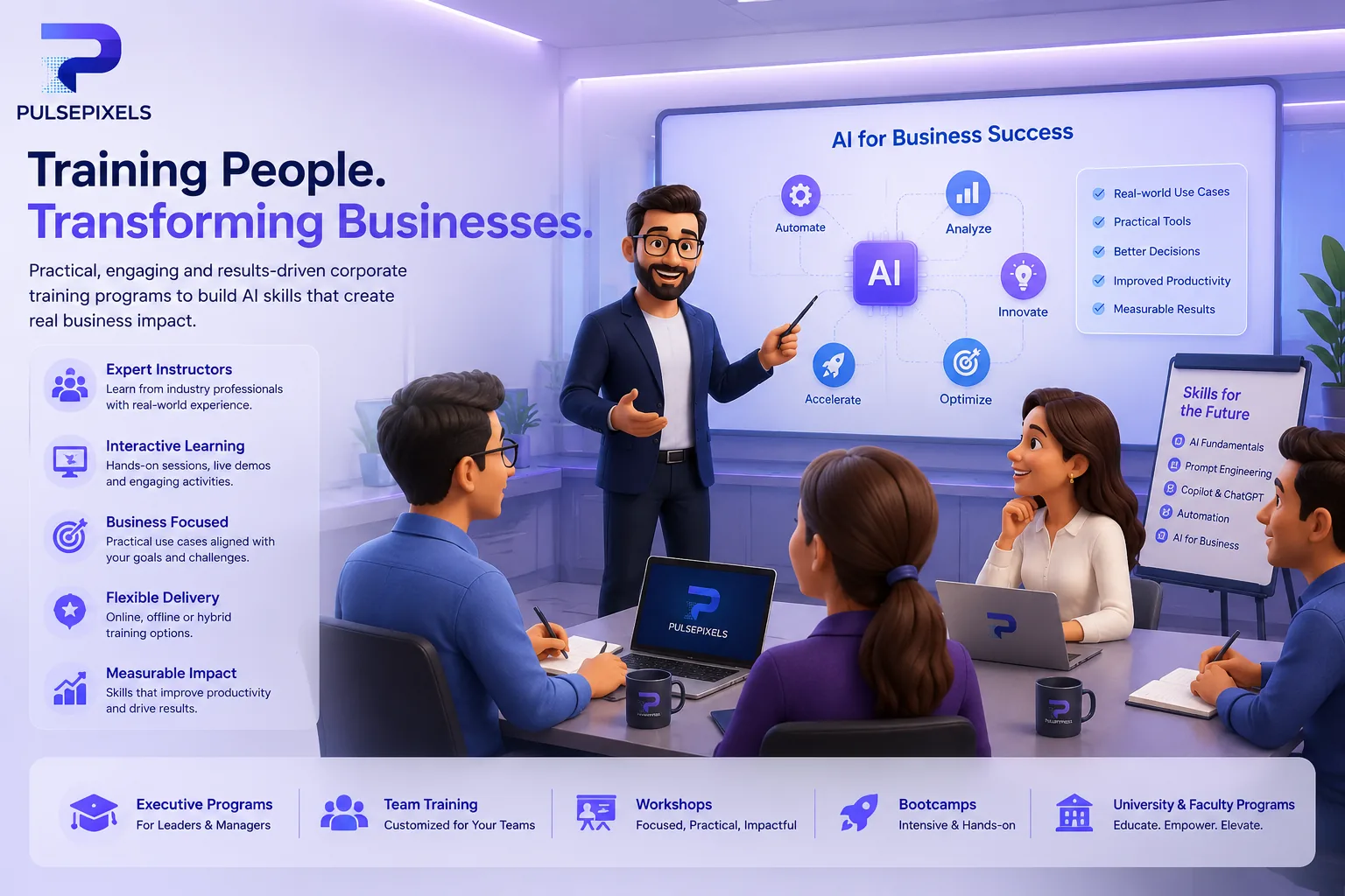 A PulsePixels instructor leading a corporate AI training session