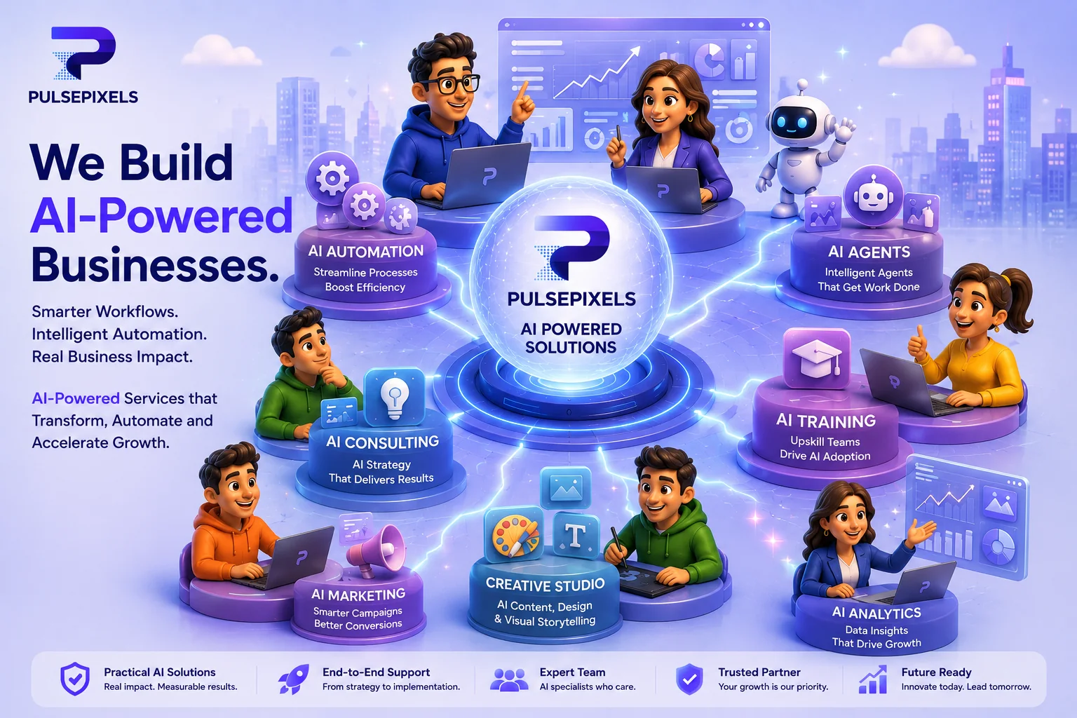 PulsePixels team collaborating with an AI assistant, analytics and automation tools